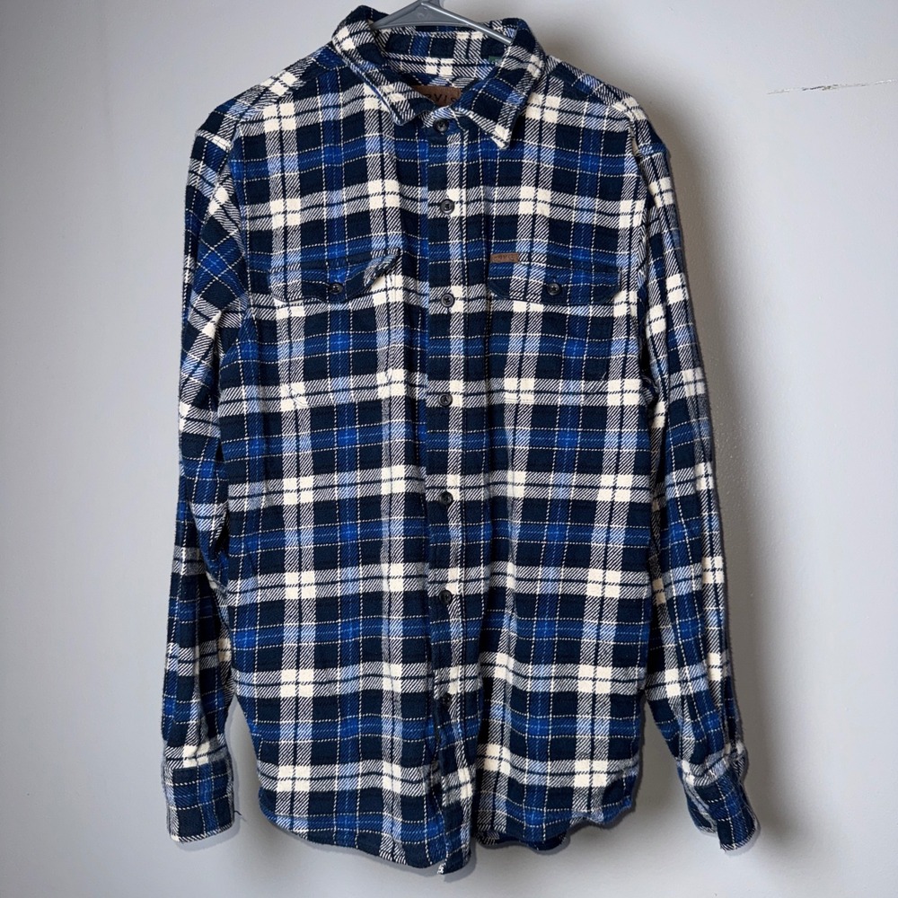 Orvis Classic Collection Mens Blue Plaid Flannel Shirt Jacket L Corduroy Trim